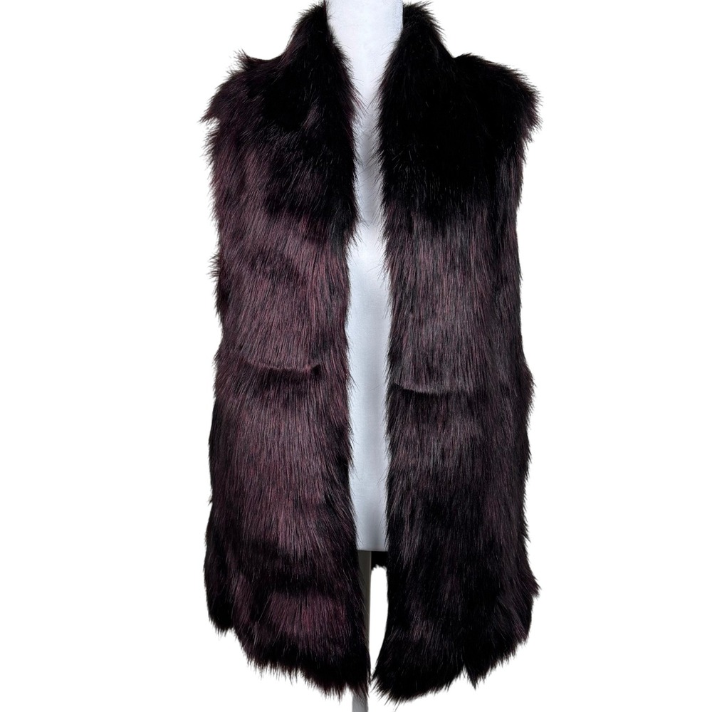 Forever 21 Faux Fur Vest Jacket Sleeveless Womens Medium Burgundy‎ Black Y2K 90s